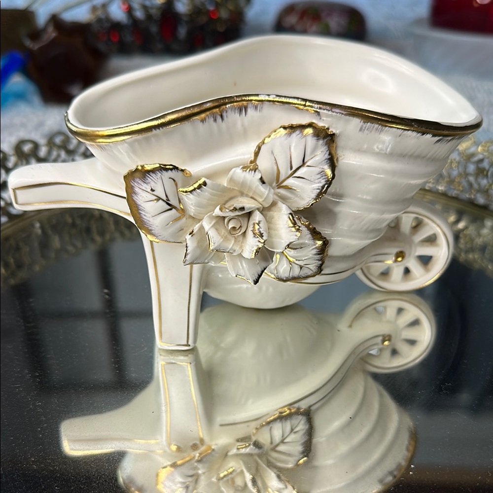Lefton Japan Cream and Gold Wheelbarrow Planter!!